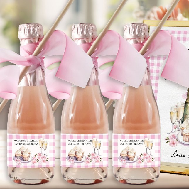 Would She Rather Cupcake or Cava Champagne Sparkling Wine Label (Bottle Favor labels from Cupcakes and Cava Bridal Shower Collection by Darling & May)