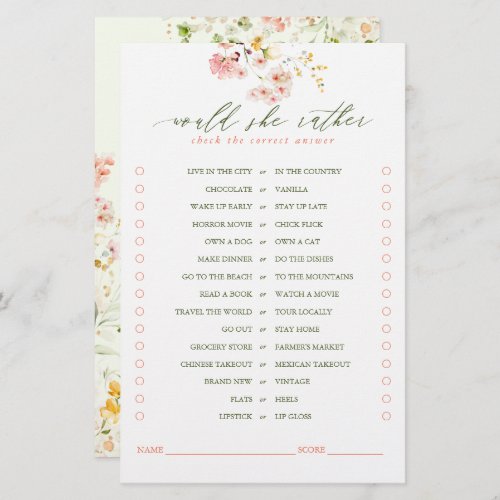 Would She Rather Cute Wildflowers Bridal Game