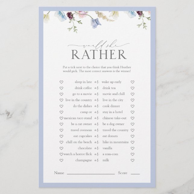 Would She Rather Dusty Blue Wildflower Shower Game (Front)