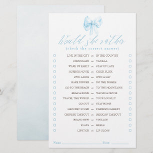 Would She Rather Elegant Blue Bow Bridal Game