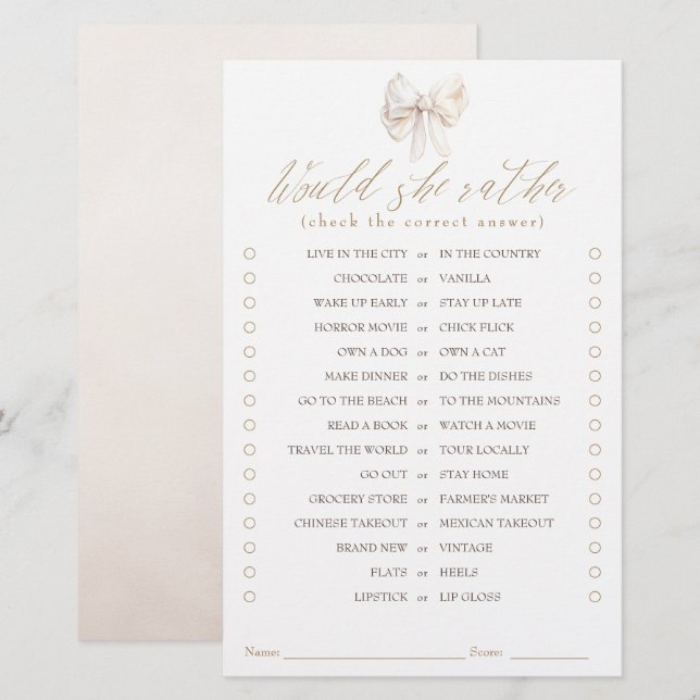 Would She Rather Elegant Cream Bow Bridal Game (Front/Back)