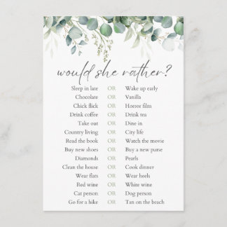 Would She Rather Eucalyptus Bridal Shower Game Enclosure Card