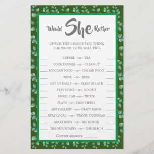 Would She Rather Eucalyptus BridalShower Game Card Flyer