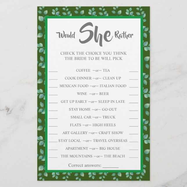 Would She Rather Eucalyptus BridalShower Game Card Flyer (Front)