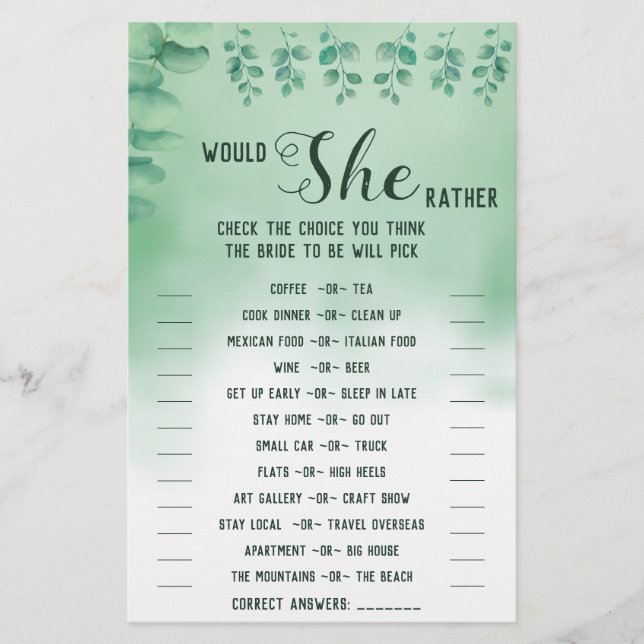 Would She Rather Eucalyptus BridalShower Game Card Flyer (Front)