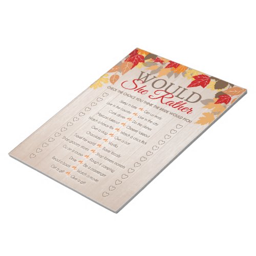 Would She Rather Fall Bridal Shower Game Pack Notepad