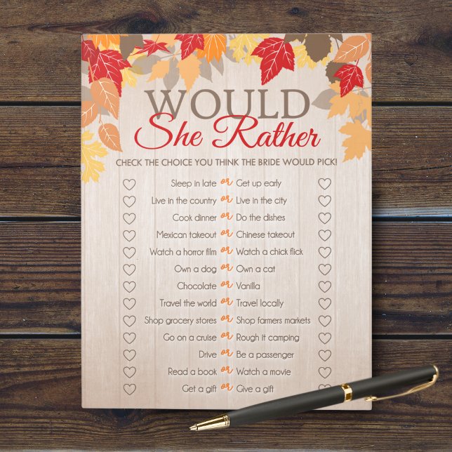 Would She Rather Fall Bridal Shower Game Pack Notepad (Would She Rather Bridal Shower Party Game. Comes in a pack of 40 easy tear away games!)