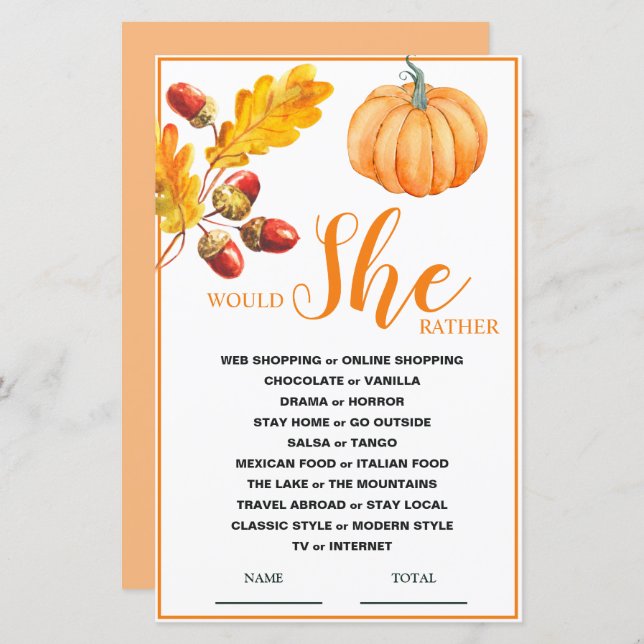 Would She Rather Fall Pumpkin Bridal Game (Front/Back)
