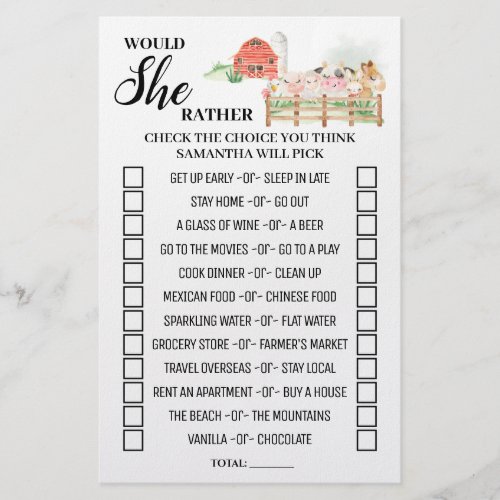 Would She Rather Farm Baby Shower Game Card Flyer