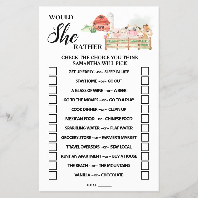 Would She Rather Farm Baby Shower Game Card Flyer (Front)