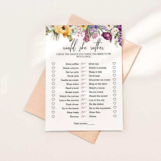 Would She Rather Floral Bridal Shower Game  Invitation (Creator Uploaded)