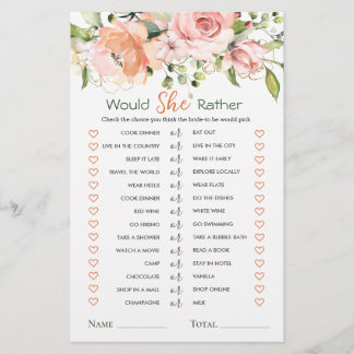 Would She Rather Floral Foliage Bridal Shower Game