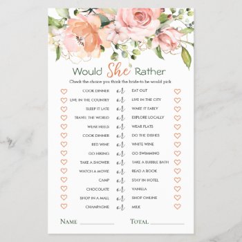 Would She Rather Floral Foliage Bridal Shower Game by IrinaFraser at Zazzle