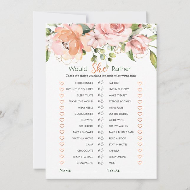 Would She Rather Floral Foliage Bridal Shower Game Invitation (Front)