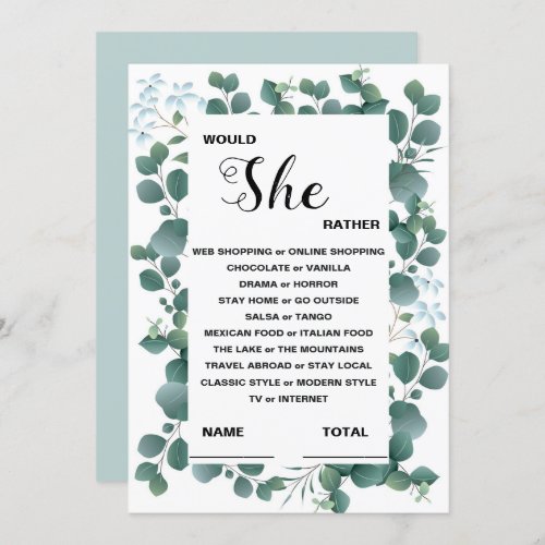Would She Rather green leaves Bridal Game  Invitation