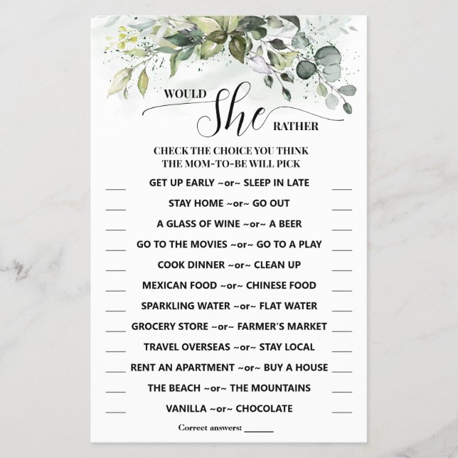 Would She Rather Greenery Baby Shower Game Card Flyer (Front)