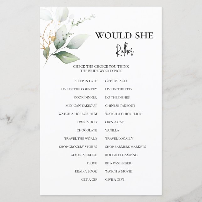 Would She Rather Greenery bridal game (Front)