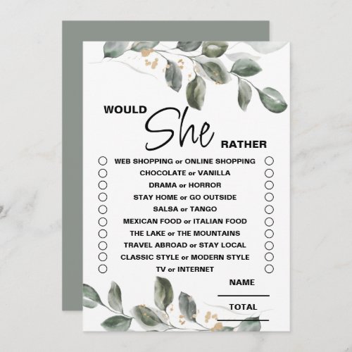 Would She Rather Greenery  Bridal Shower Game Invitation