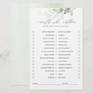 Would She Rather Greenery Leaves Bridal Game