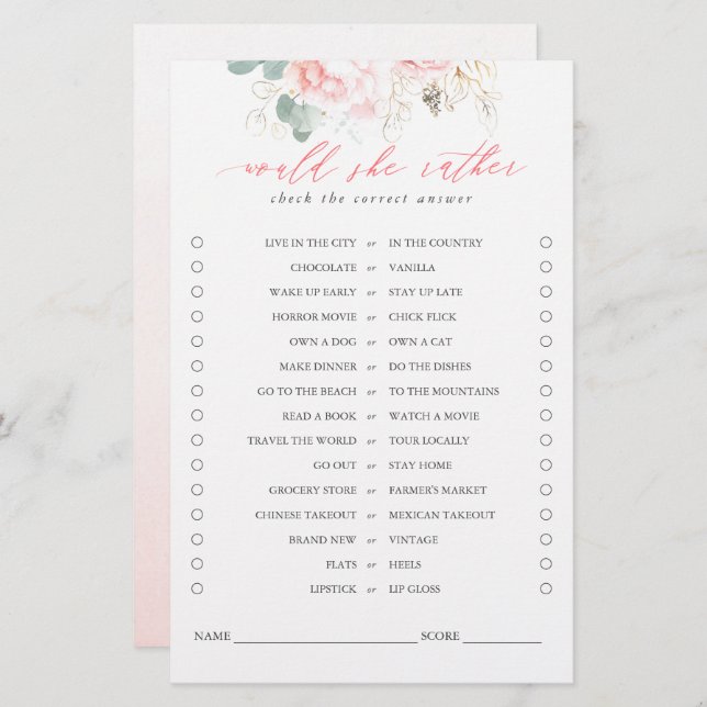 Would She Rather Greenery Pink Floral Bridal Game (Front/Back)