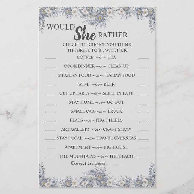 Would She Rather Grey Bridal Shower Game Card Flyer (Front)