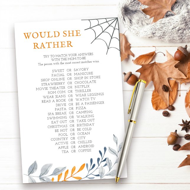 Would She Rather Halloween Fall Shower Game (Would She Rather halloween themed baby shower game with fall leaves and cobweb)