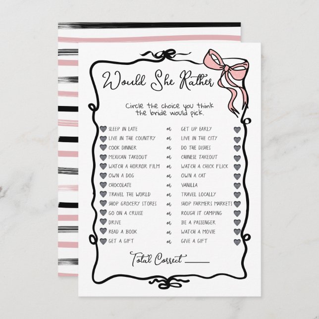 Would She Rather Hand Drawn Bow Bridal Shower game Invitation (Front/Back)