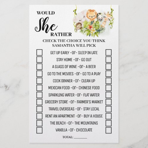 Would She Rather Jungle Baby Shower Game Card Flyer