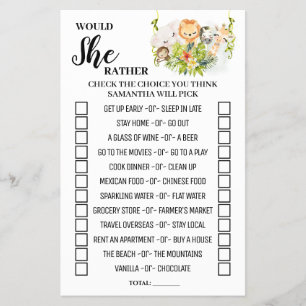 Would She Rather Jungle Baby Shower Game Card Flyer