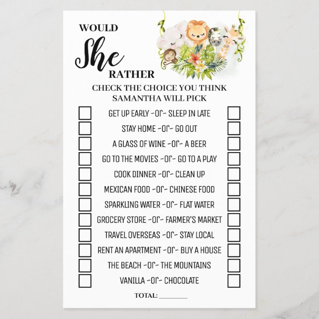 Would She Rather Jungle Baby Shower Game Card Flyer (Front)