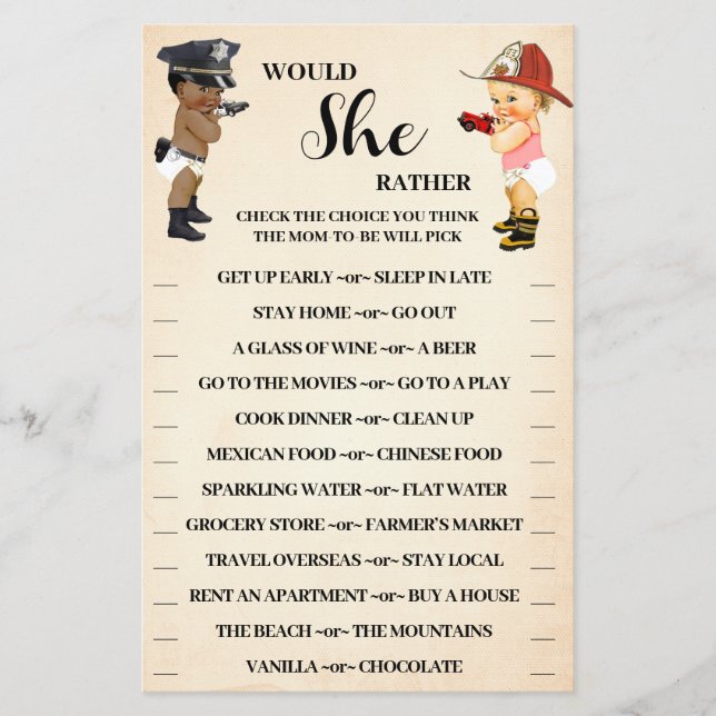 Would She Rather Little Recruit Shower Game Card Flyer (Front)