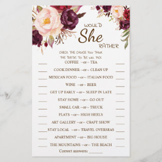 Would She Rather Marsala Bridal Shower Game Card Flyer