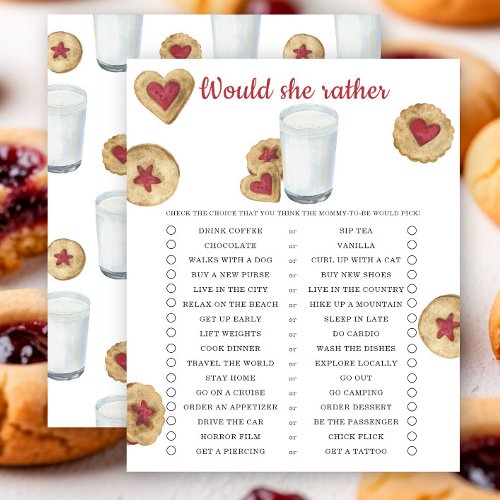 Would she rather Milk Cookies baby shower game