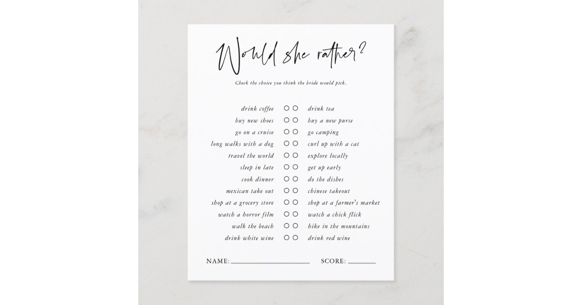 Would She Rather | Minimal Bridal Shower Game | Zazzle