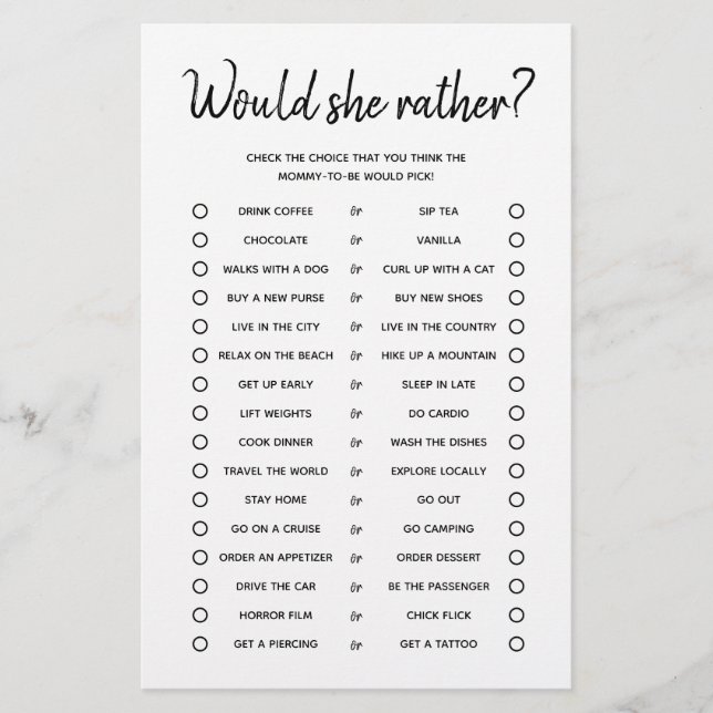 Would She Rather Minimalist Baby Shower Game (Front)