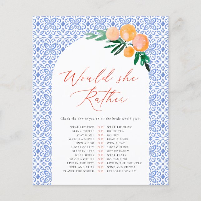 Would She Rather Orange Spritz Bridal Shower Game (Front)