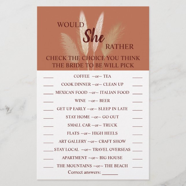 Would She Rather Pampas Bridal Shower Game Card Flyer (Front)