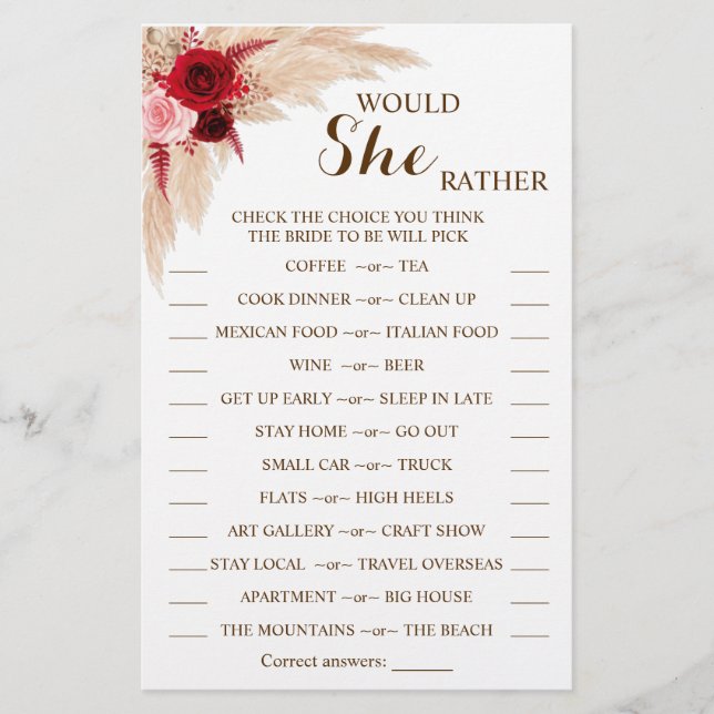 Would She Rather Pampas Bridal Shower Game Card Flyer (Front)