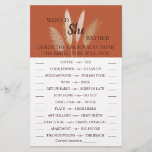 Would She Rather Pampas Bridal Shower Game Card Flyer