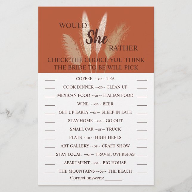 Would She Rather Pampas Bridal Shower Game Card Flyer (Front)