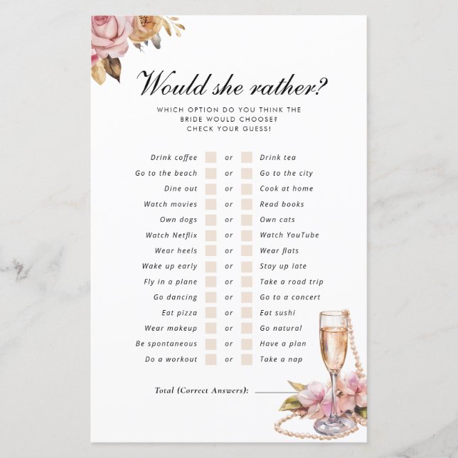 Would She Rather Pearls Prosecco Bridal Game (Front)