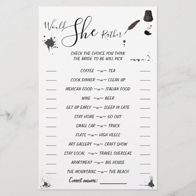 Would She Rather | Pen & Inkwell Shower Game Card Flyer (Front)