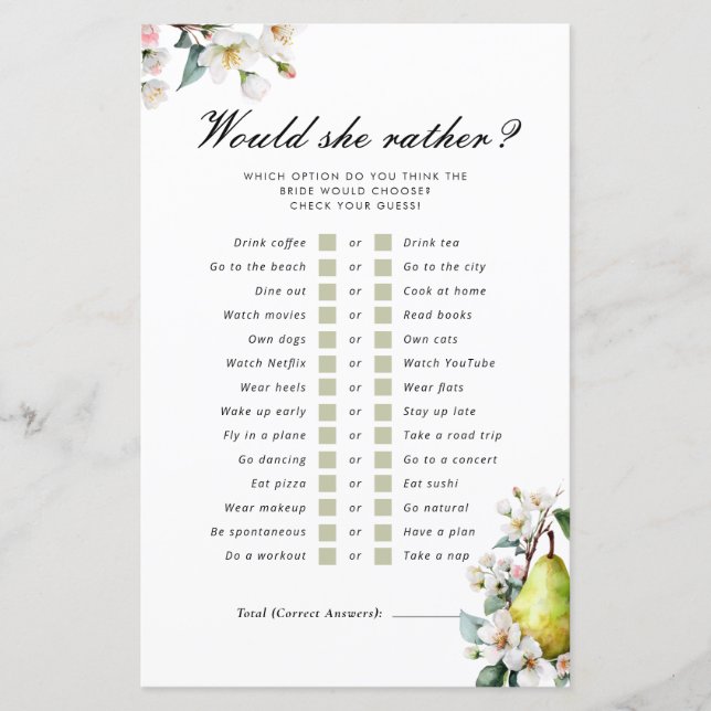Would She Rather Perfect Pear Bridal Shower Game (Front)