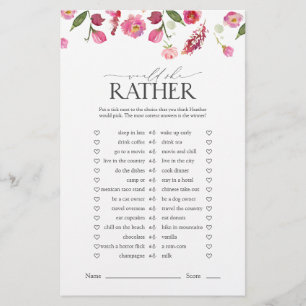 Would She Rather Pink Flowers Bridal Shower Game