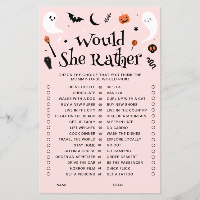 Would She Rather Pink Halloween Baby Shower Game (Front)