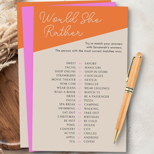 Would She Rather Pink Orange Tricolor Shower Game (Would She Rather baby shower game from my Tricolor Baby Shower Collection)