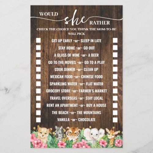 Would She Rather Pink Safari Baby Shower Game Card