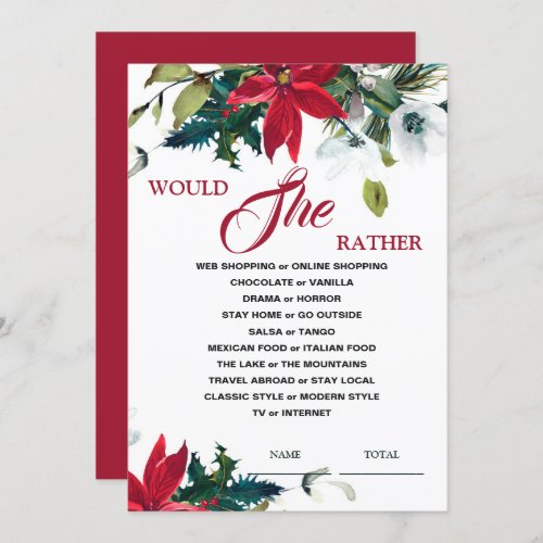 Would She Rather Poinsettia Bridal Shower Game  In Invitation
