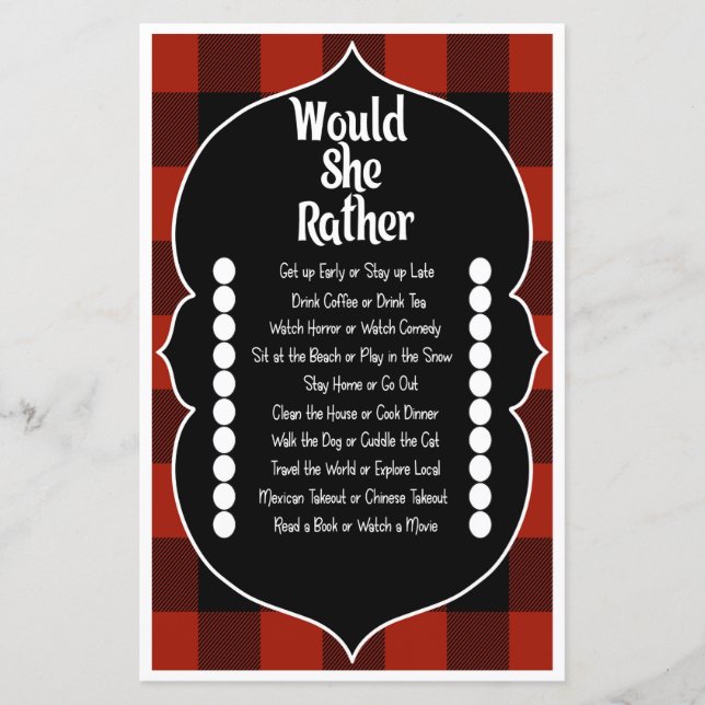 Would she Rather Red Flannel Bridal Shower Game (Front)