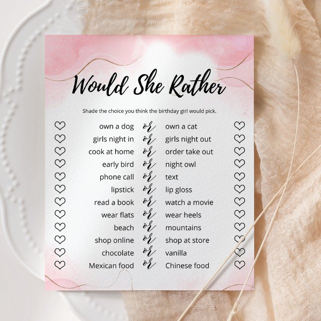 Would She Rather Rose Gold Party Game Card (Creator Uploaded)